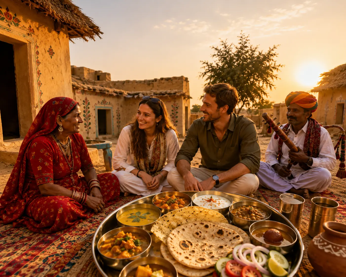 Home-cooked Rajasthani thali in a village courtyard