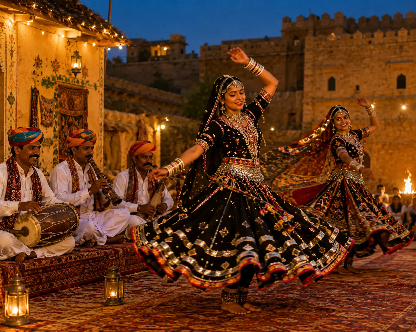 Kalbelia folk dancers performing around a bonfire