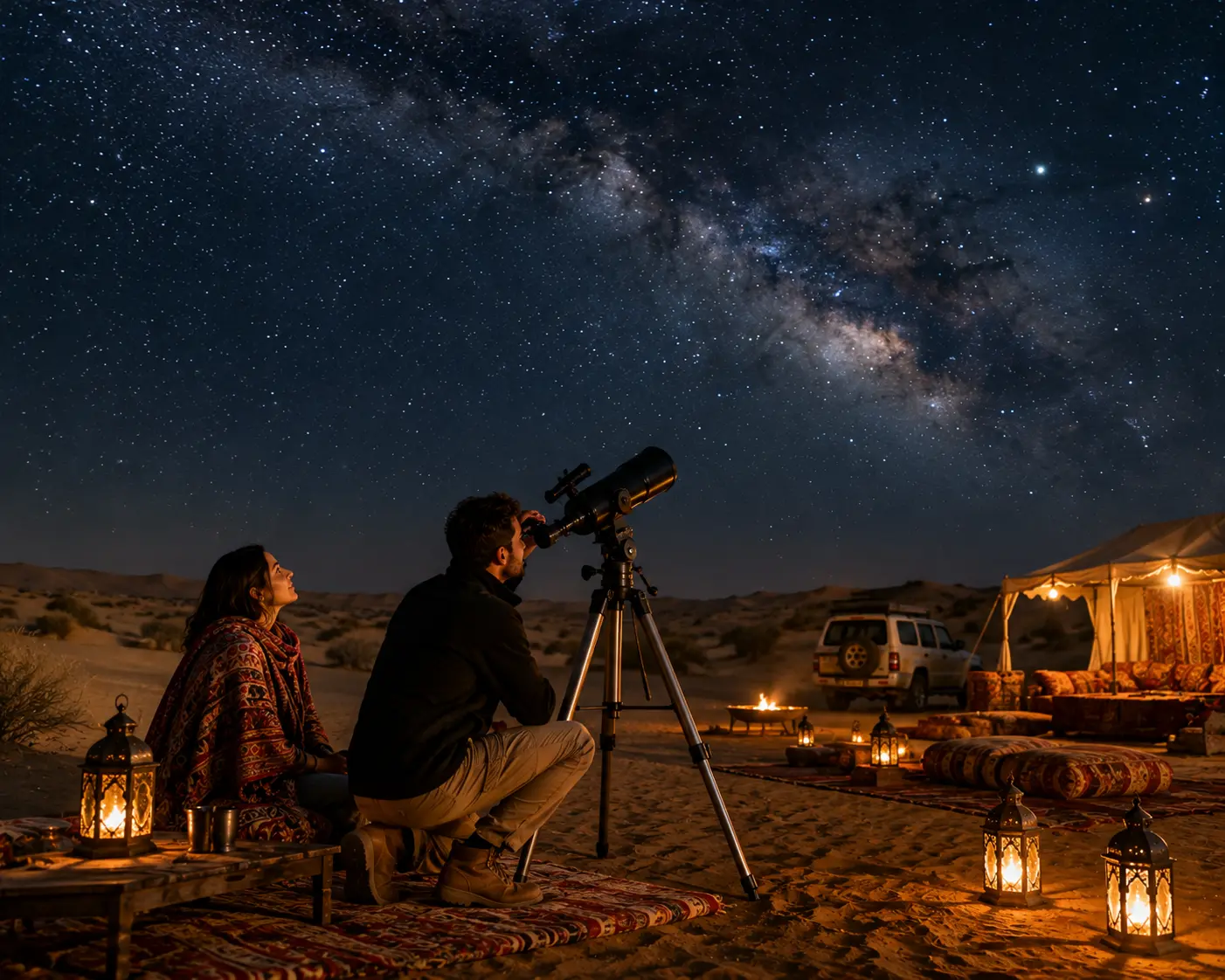 Stargazing session on the sand dunes at night