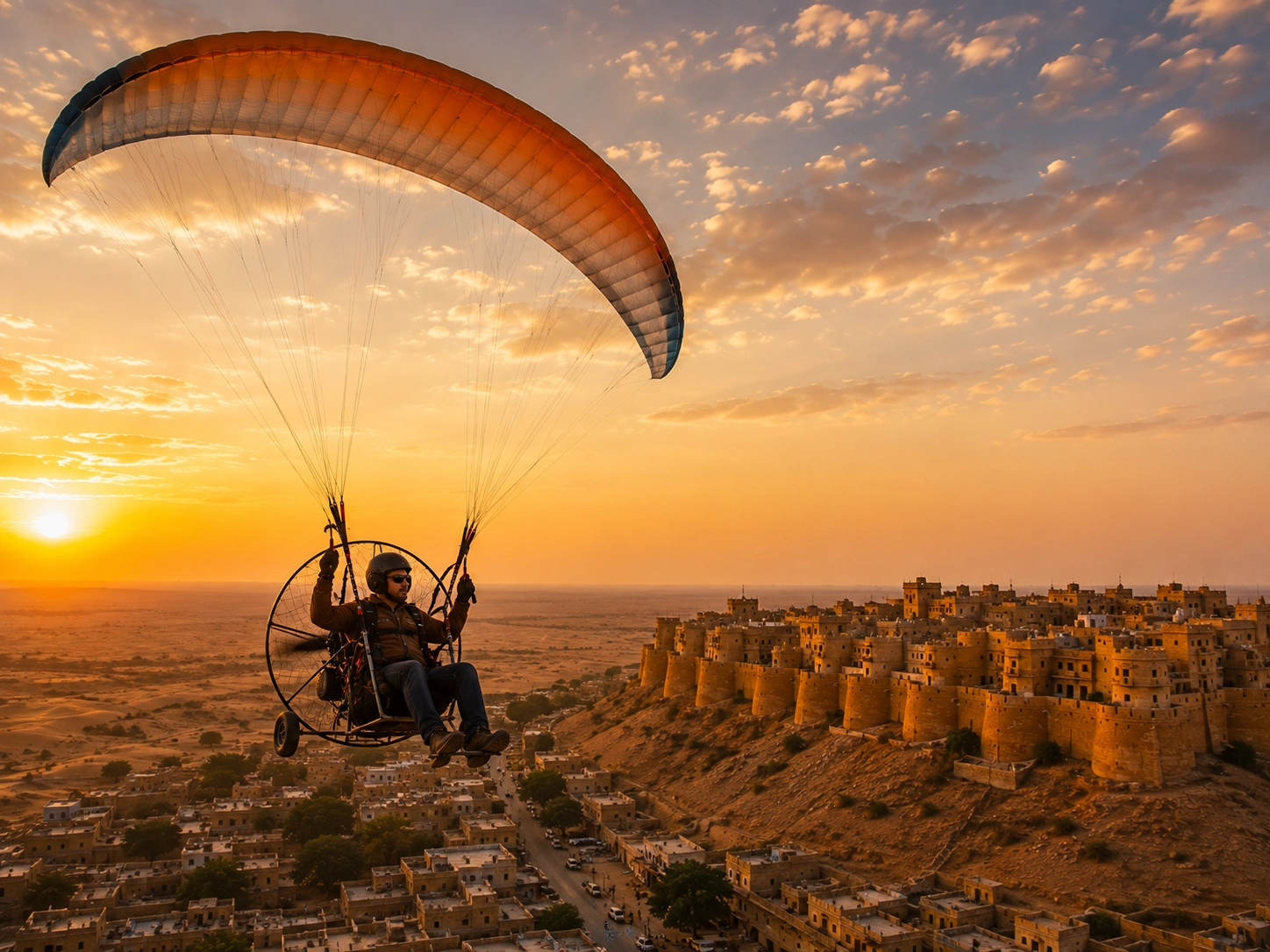 Paramotoring flight over sand dunes