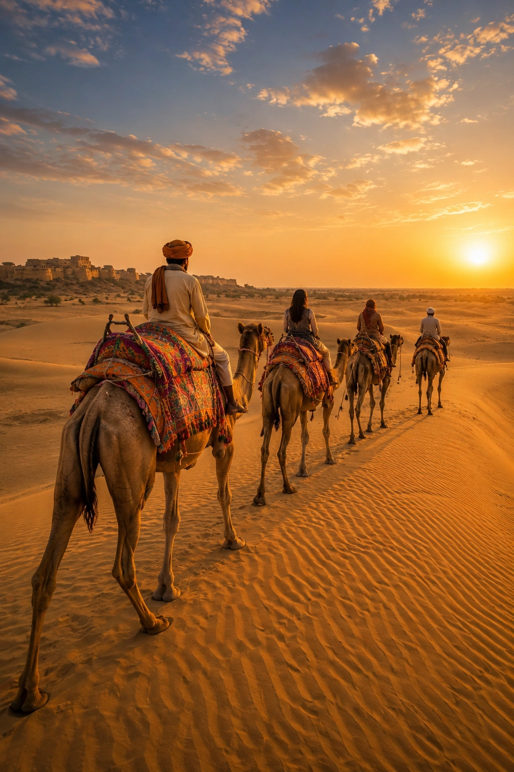Camel safari at sunset on Sam sand dunes Jaisalmer