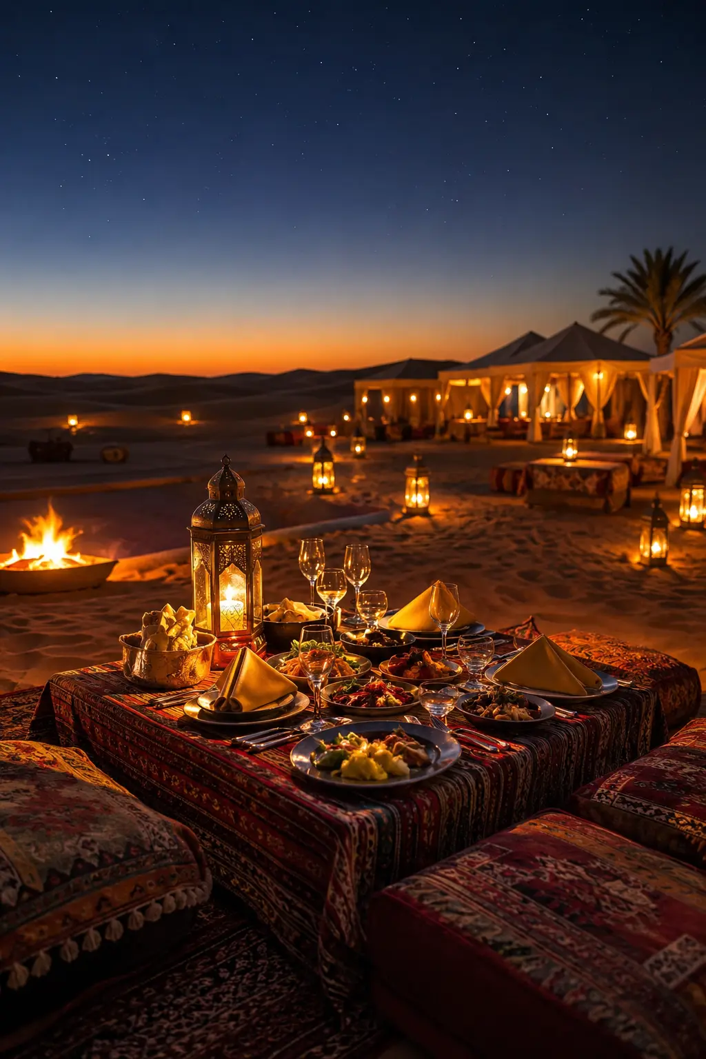 Candle light dinner table set up on sand dunes at night