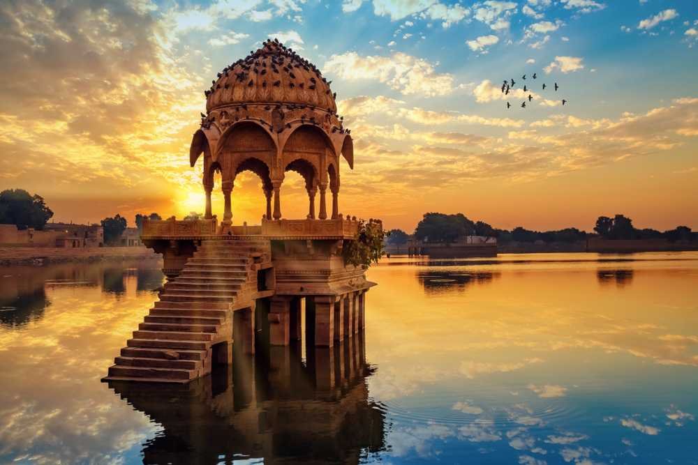Gadisar Lake ghats and temples at sunrise