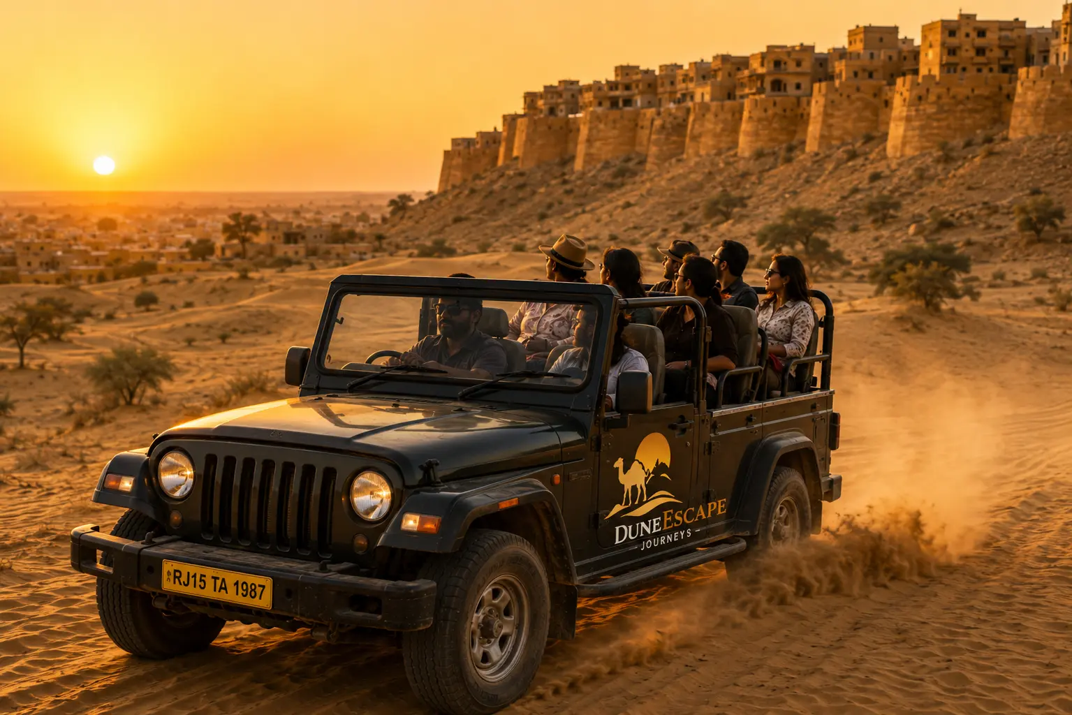 4x4 jeep safari kicking up sand on Jaisalmer dunes
