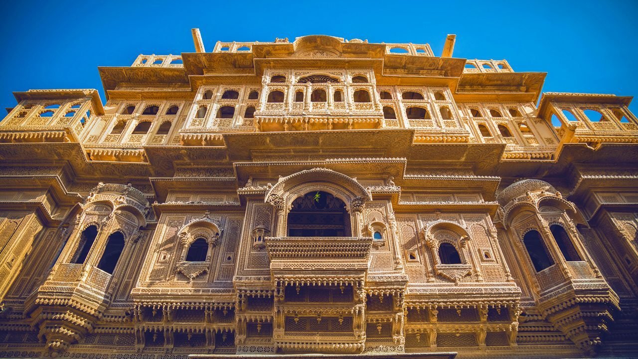 Carved sandstone facade of Patwon Ki Haveli