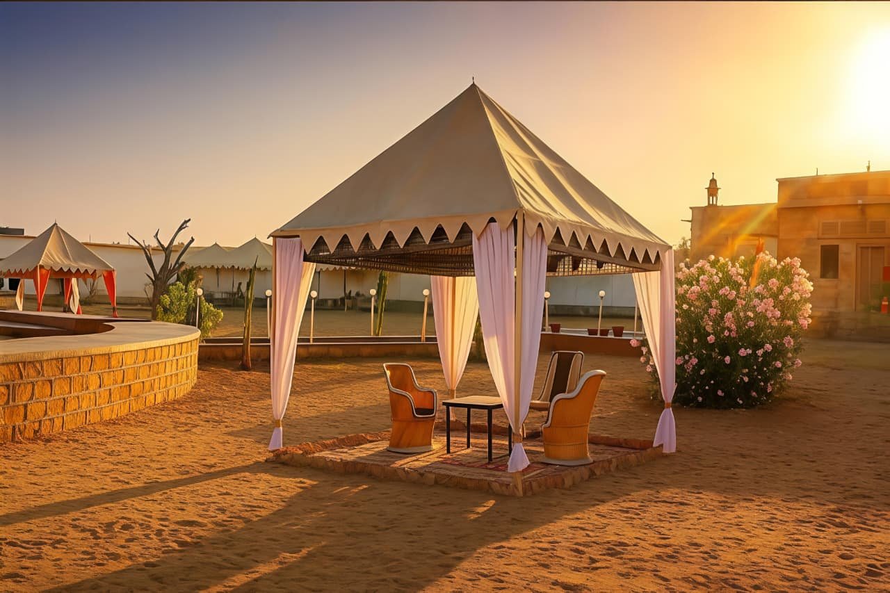 Tent interior with double bed
