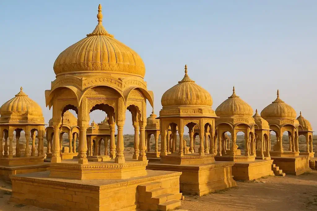 Vyas Chhatri cenotaphs at sunset in Jaisalmer